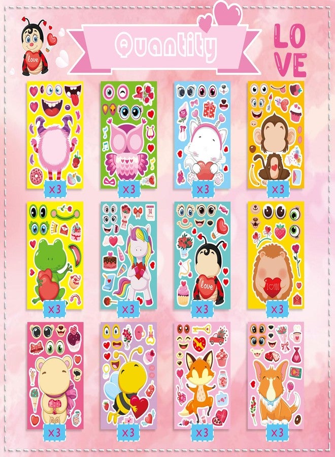 DUJAA 36 Sheets Valentine' s Day Make a Face Stickers, Make Your Own Valentine Animal Stickers for Kids, 12 Designs of Animal Stickers for Boys Girls Valentine's Day Activities Party Favors Supplies - Image 2
